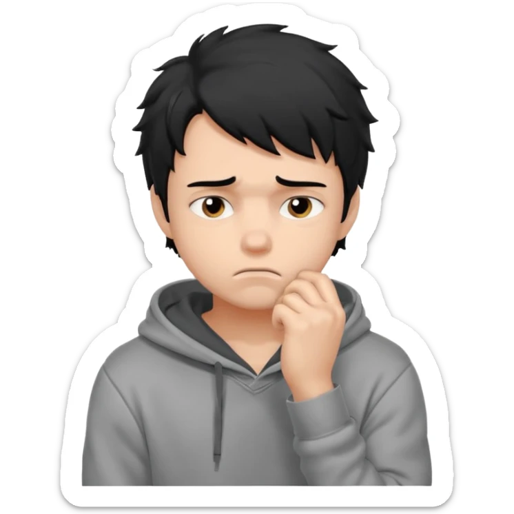 generate a pretty bratz fair skinned boy with messy black hair in a grey hoodie looking sad and bored with hand on chin. Make him muscled sticker