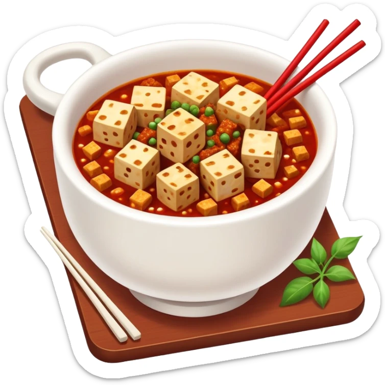 Mapo Tofu spicy red with tofu cubes and minced meat, simplified emoji style with bold outlines and bright colors, cartoon style Sichuan famous dish sticker