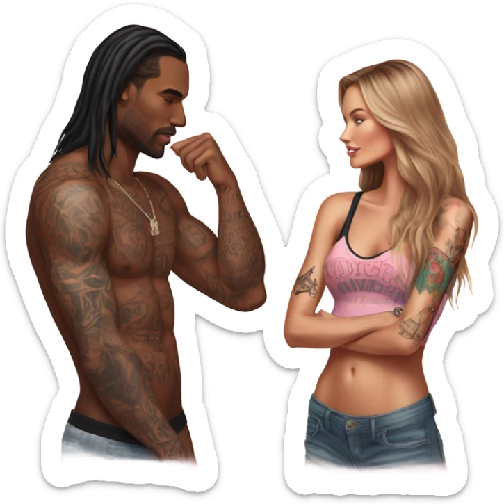 Photo of Victoria secret model having a serious conversation with a tattooed male model  sticker