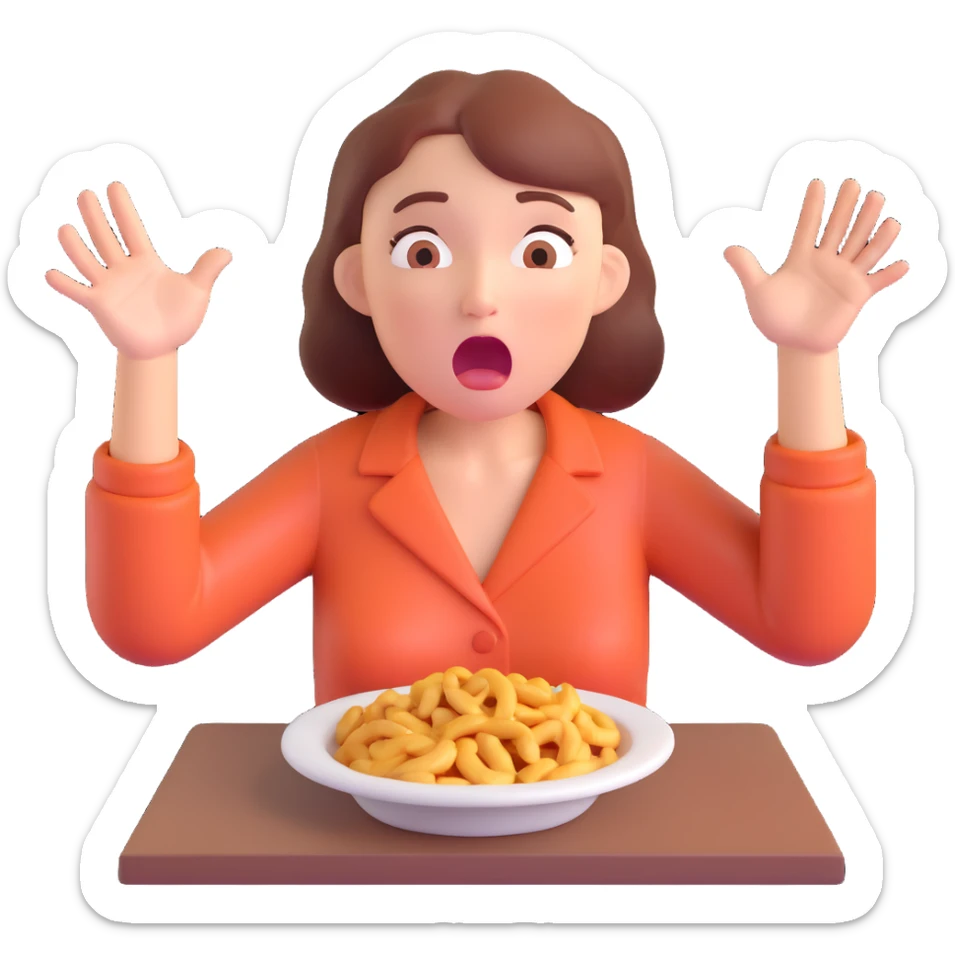 woman with drooling face and hands reaching for food, showing strong hunger sticker
