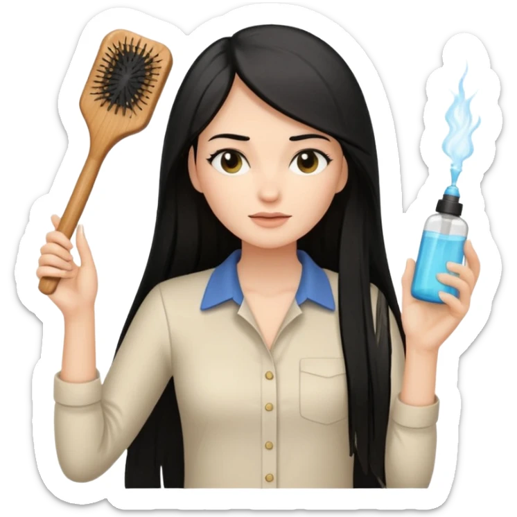 A white woman with long, straight black hair, wearing an ivory-colored shirt, holding a small square wooden paddle hairbrush in her left hand and spraying a hair mist bottle with her right hand toward her hair. sticker