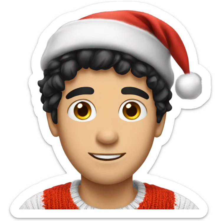 Young Italian man with black hair wearing a knitted Christmas sweater and a Santa hat  sticker