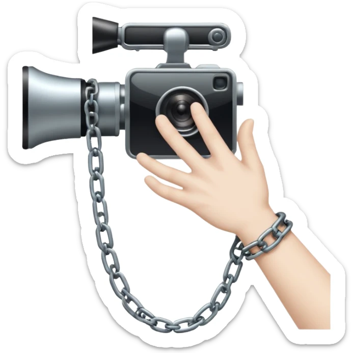 Minimalist emoji-style sticker of a human hand bound by a chain leading to a video camera. Icon-like, clean silhouette, muted tones. sticker
