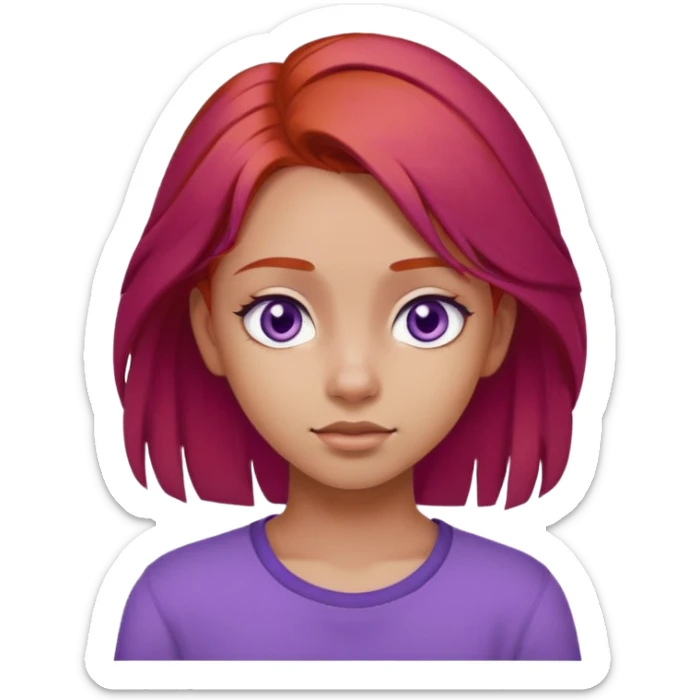 A girl with red hair, purple eyes, and a wheatish complexion looks like a teenager.Her hair is soft and reaches her shoulders.  sticker