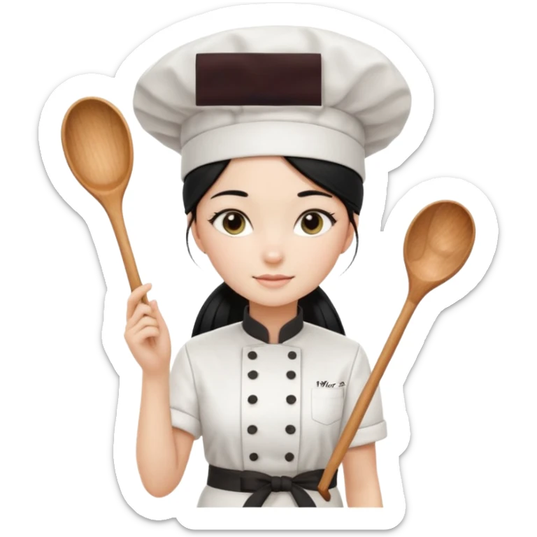 
A beautiful girl wears a white chef's uniform. Her long, straight black hair is styled in a ponytail. She wears a white chef's hat and holds a wooden cooking spoon. She is standing and wearing black shoes. The illustration style is 2D realistic.. sticker