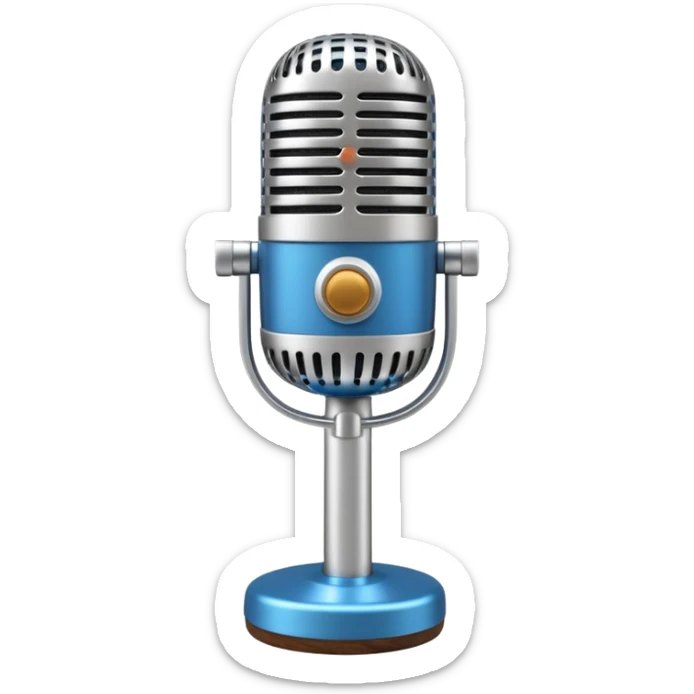 3D render of Elvis Microphone, vintage 1980s audio equipment aesthetic, tactile analog buttons, shiny silver metal grille with a blue handle, mixed wood grain and brushed aluminum textures, Apple emoji style, isolated on white background --v 6.0 sticker