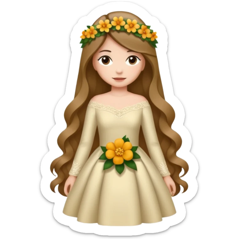 Chica blanca, cabello castaño, recogido en moño alto con mechones, vestido novia de manga larga, cuerpo entero, ramo de flores en una mano sticker