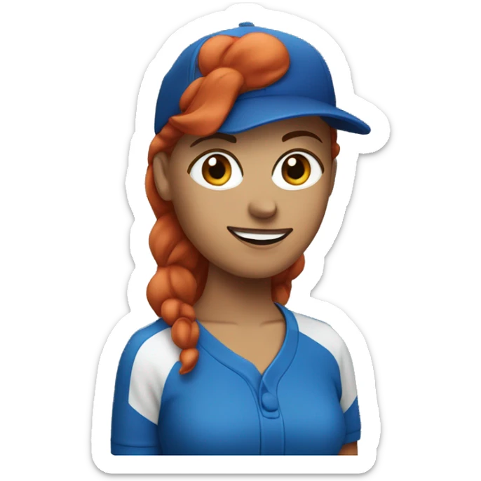 female coach with red hair in blue shirt and with a blue baseball hat sticker