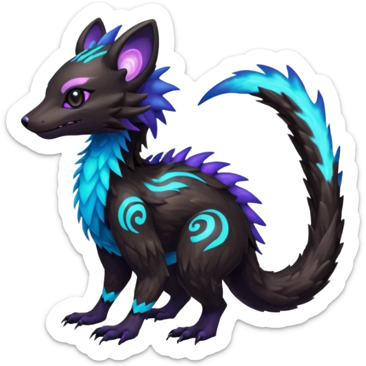 Colorful bioluminescent dark abysmal abyssal neon-glowing Trico-Sergal-Furret-Ferret-Wickerbeast-Vernid-fusion-Fakemon-animal-hybrid-creature, full body sticker