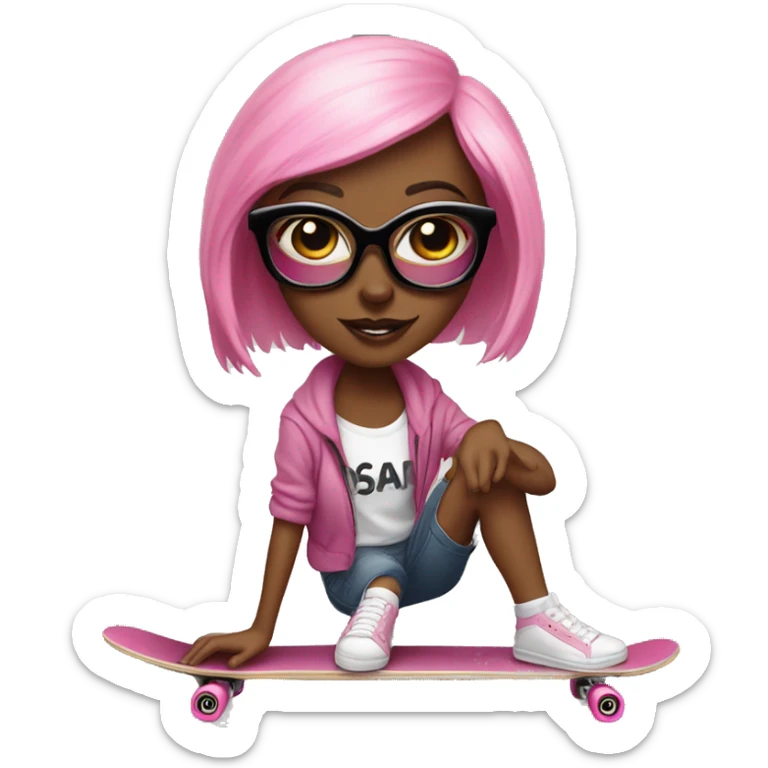 face of girlboss with pink nails in black glasses on a skateboard sticker
