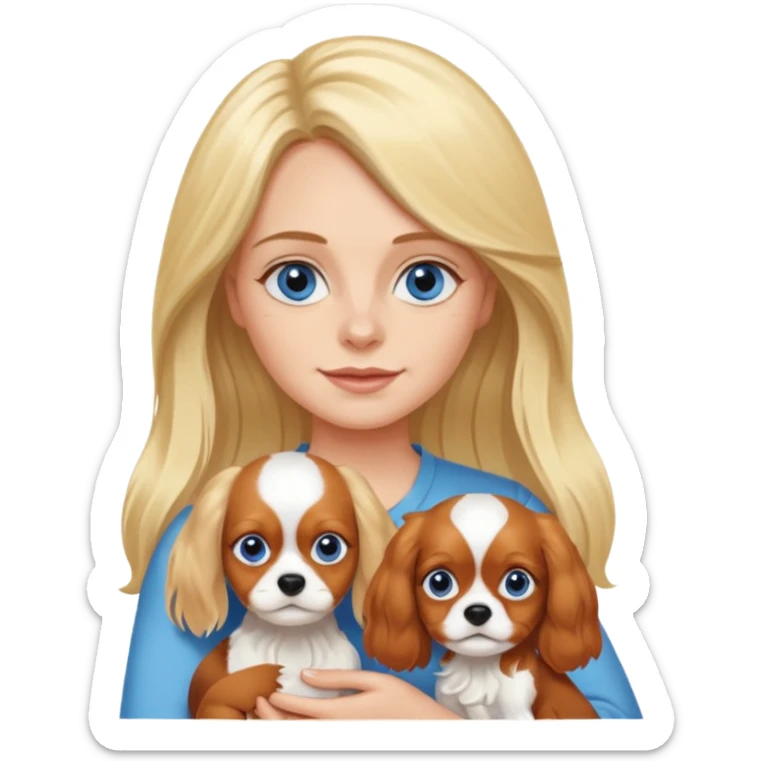 Blond Mom with a little blue eyed girl with long blonde hair  and with tricolora cavalier charles spaniel  sticker