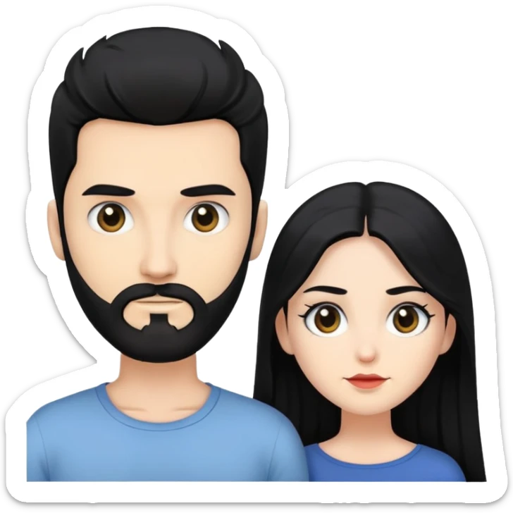 couple of newlyweds, white skin man with black hair and black beard; white skin woman with long black hair and black eyes sticker