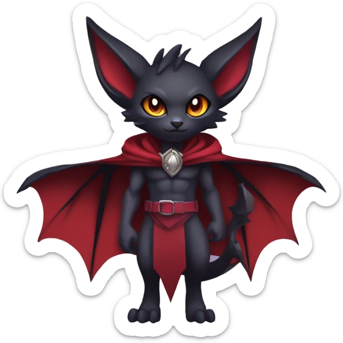  Black Red Purple Chibi Kawaii Edgy Cool Vampiric Demonic Beautiful Noivern-Nargacuga-Litten with big Bat Ears and wearing a cape and collar full body sticker