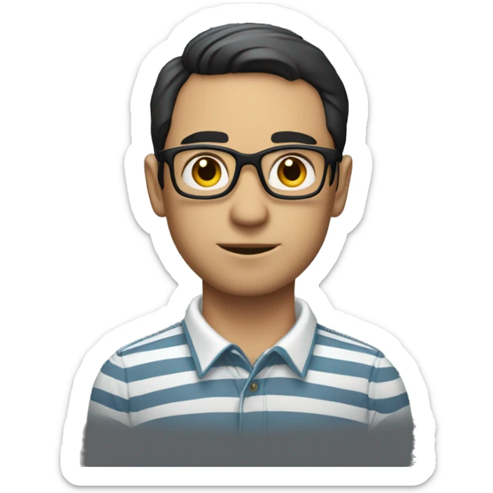 a man with short dark hair and glasses, wearing a striped shirt with a collar. The man is looking directly at the camera with a neutral expression. sticker