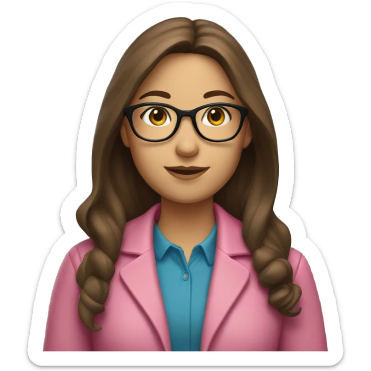 A girl teacher with long brown hair, glasses and a pink jacket sticker