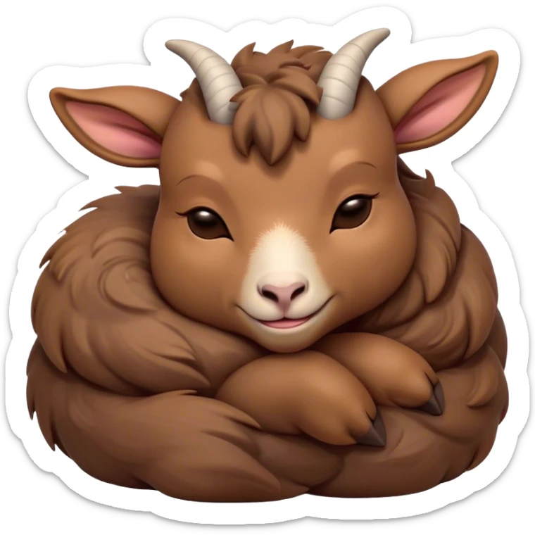 Meme-Worthy Cute Sleeping Brown Goat Portrait Emoji, Head resting peacefully with a contented smile, showcasing a robust build and a luxuriously soft brown fur, eyes shut in a serene, restful nap, Simplified yet hilariously adorable features, highly detailed, glowing with a soft, drowsy light, high shine, relaxed and utterly lovable, stylized with an air of playful laziness, bright and heartwarming, soft glowing outline, capturing the essence of a comically sleepy goat, so meme-worthy it feels like it could instantly become the next viral sensation of adorable slumber! sticker