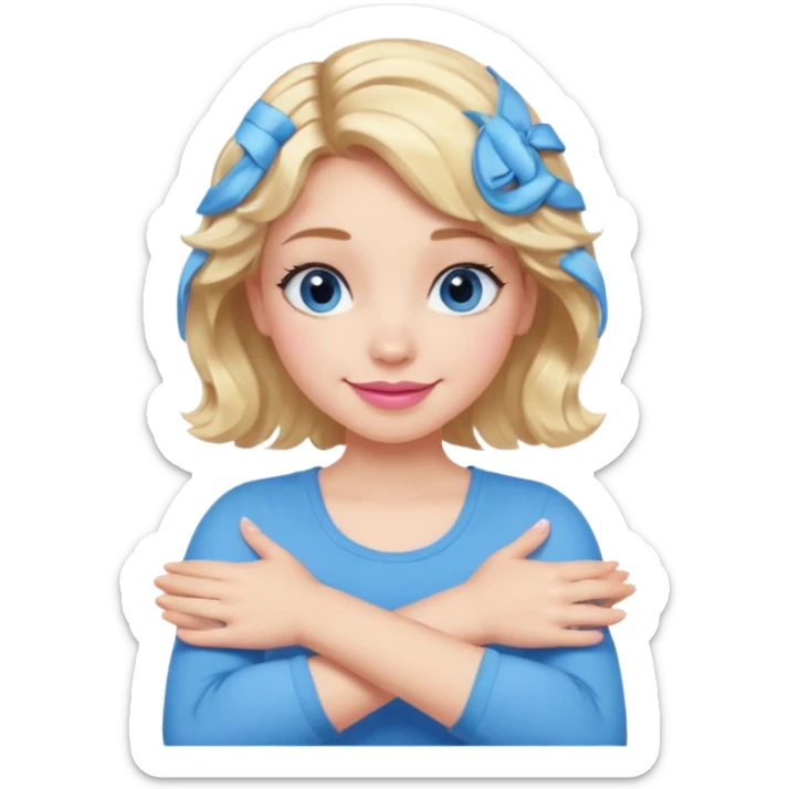 Girl Blonde short wavy hair,  blue eyes, cute blue top, long lashes, pink lips, smiling, making cross arms with arms  sticker