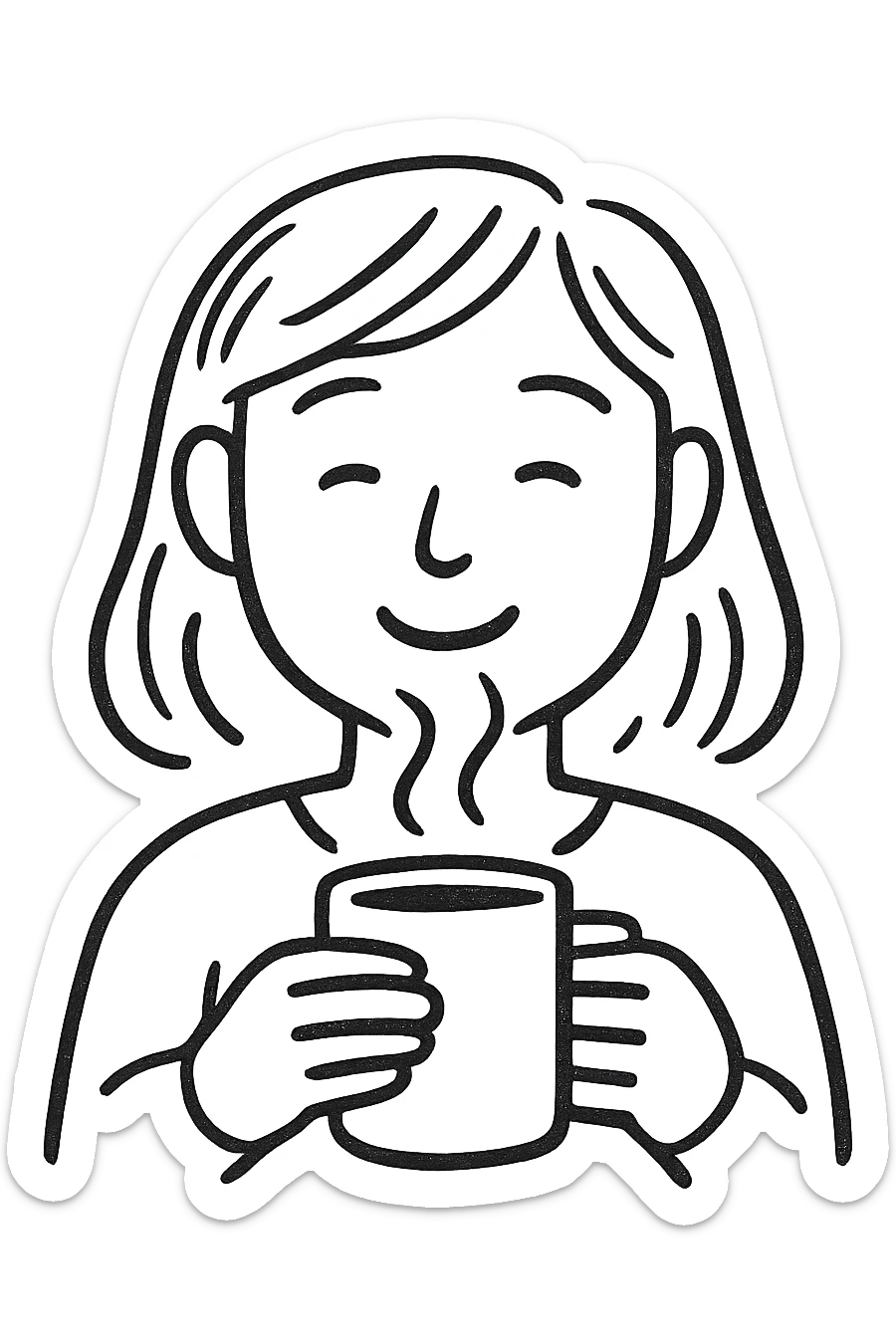 simple black and white pen sketch emoji of a woman with a soft smile, holding a steaming mug in both hands, casual hand-drawn minimal style, cozy leisurely feeling, expressive face sticker
