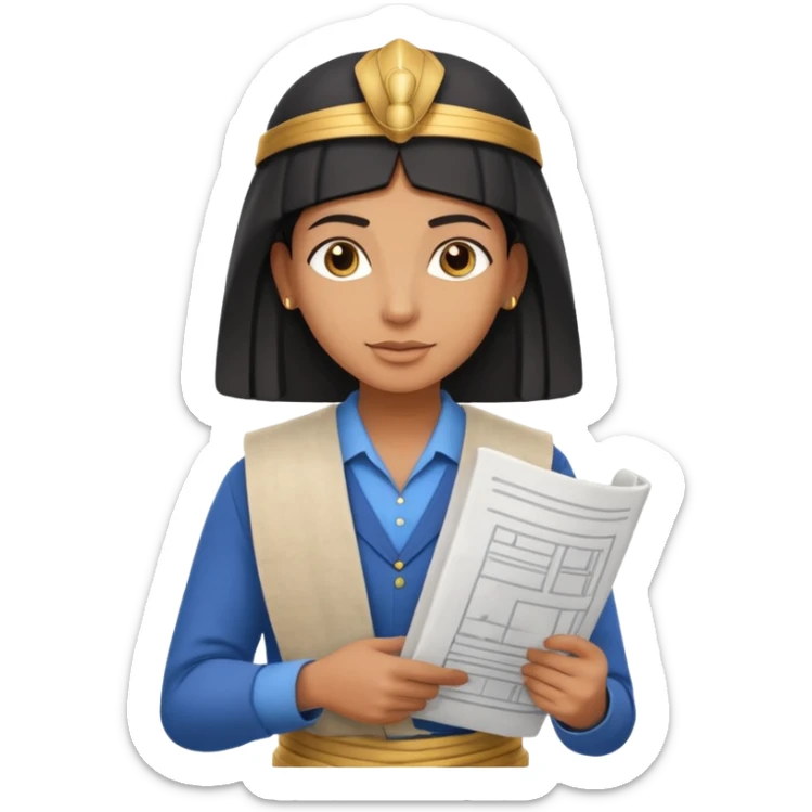 Emoji portrait of an Egyptian architect. Clean clothes, holding a blueprint scroll, confident expression. sticker