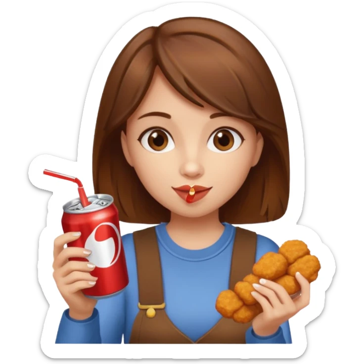 brown hair girl eating with mouth on the chicken nugget and holding a soda can sticker