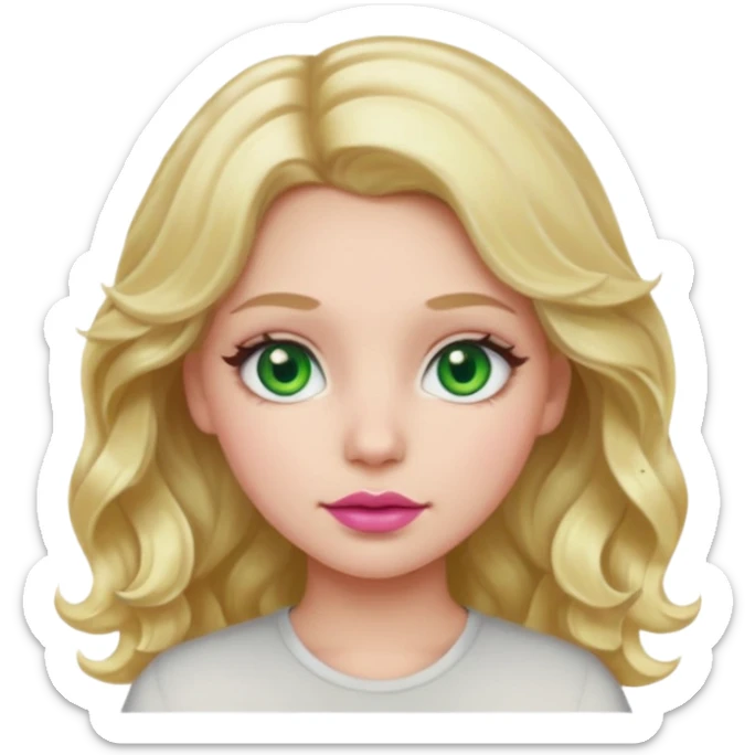 Girl with light blonde way hair in a middle part with green eyes and pink lips sticker