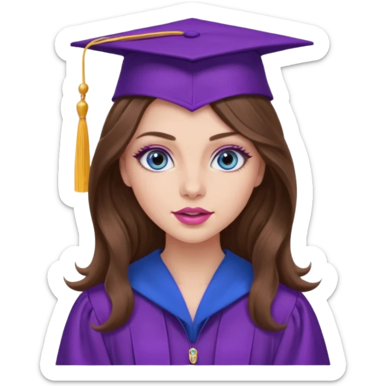 girl with long wavy brown hair, blue eyes, long lashes makeup, sexy pink lips, wearing a purple graduation cap and gown sticker