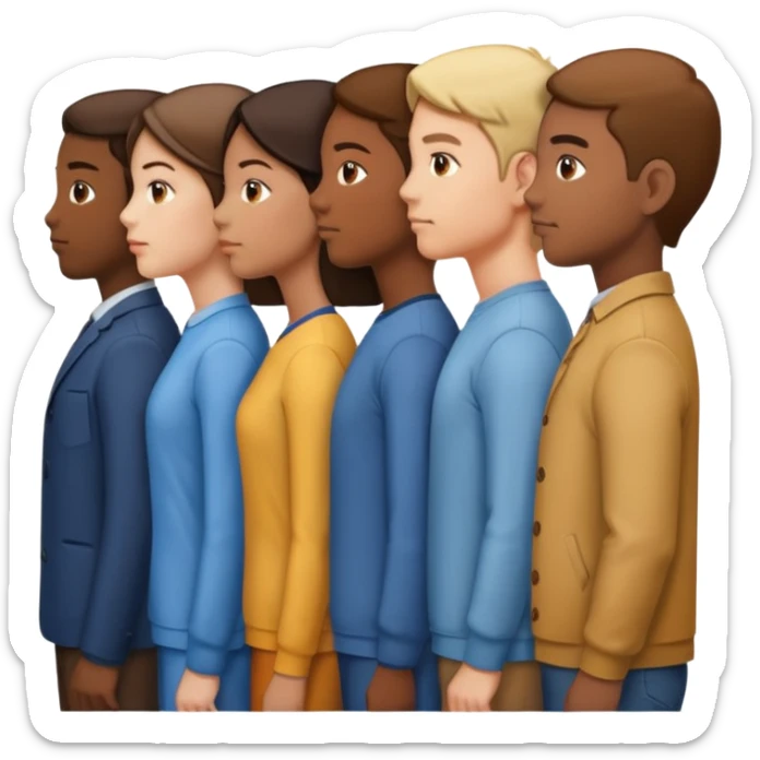 A line of 5 people standing in profile, one behind the other, all facing to the right, second variation sticker