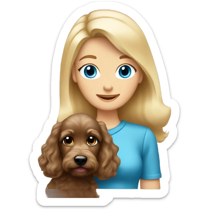 Old blue eyed blonde lady with long straight hair with dark brown Cockapoo puppy dog sticker
