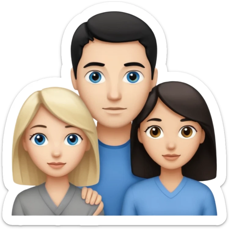 3 people. Blank woman with blond hair and blue eye color on left. And also a blank man with black hair and grey eye color in the middle. And a blank woman with brown hair and grey eye color on the right. Holding each other  sticker