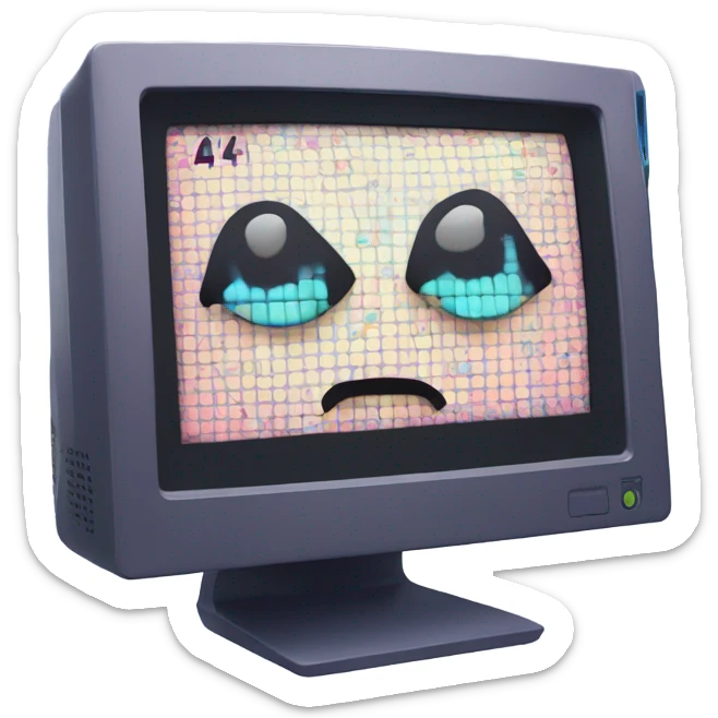 kawaii-style computer monitor with expressive sad eyes and teardrops, broken pixel-style "404" text glitching on screen, digital error symbols floating around, soft pastel colors, emoji art style sticker