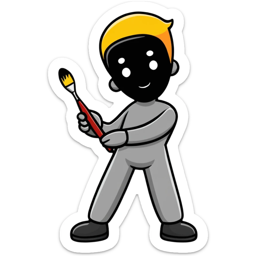 A paintbrush transforming into a metallic human silhouette, symbol of artistic identity sticker