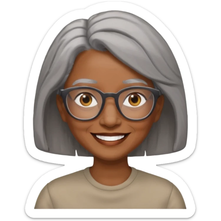 Older woman of color with gray shoulder length  hair and glasses and smiling sticker