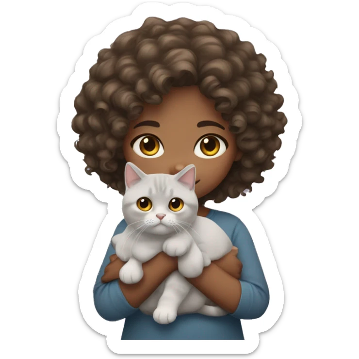 Curly hair girl with brown eyes holding british shorthair cat sticker