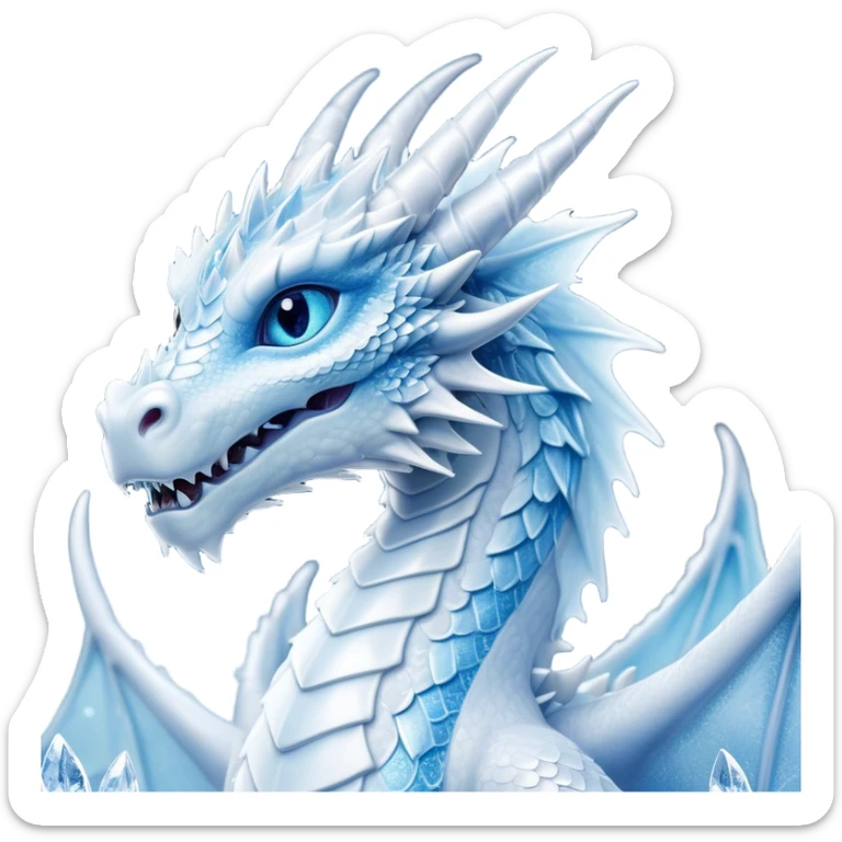 Cinematic Noble Beautiful Ice Dragon Portrait Emoji, Poised and majestic, with an ethereal, crystalline body adorned in intricately detailed scales of frosty blues and silvery whites reminiscent of glacial ice and delicate snowflakes, and piercing, cool eyes reflecting winter’s clarity; rendered with lifelike texture and subtle natural highlights, high shine, elegant and formidable, styled with an aura of chilling mythic beauty, focused and serene, soft glowing outline, capturing the essence of a legendary ice sovereign ready to glide gracefully out of the screen with timeless frosty allure! sticker