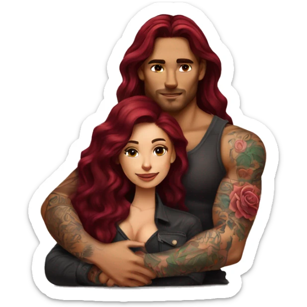 Beautiful tattooed burgundy long haired woman laying on the boyfriends chest sticker