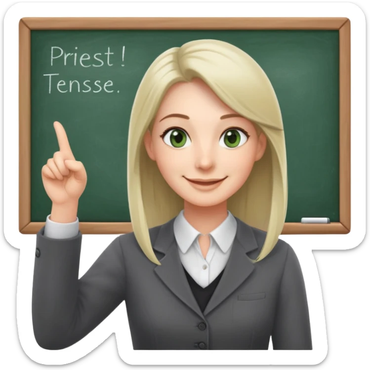 smiling English teacher with airtouch hair and grey-green eyes pointing at a chalkboard with present simple tense table sticker