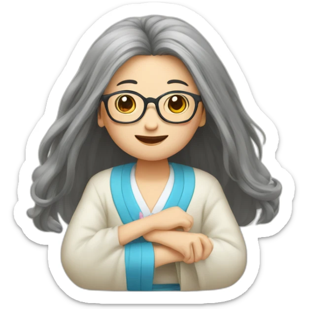 Chinese senio lady has long hair wear glasses show love sign sticker