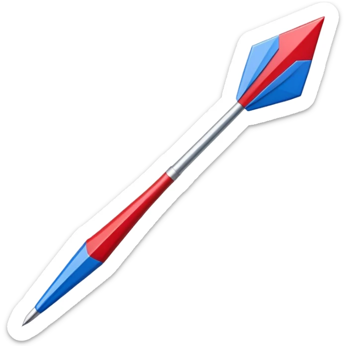 emoji-style icon of a dart with a sharp pointed metal tip, slim wooden or metal shaft, colorful fletching at the back in red, white, and blue, minimalistic, clean lines, bright colors, angled diagonally upward to the right, subtle shadow or highlight for depth sticker