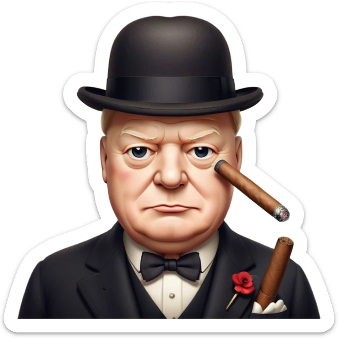 Cinematic Realistic Winston Churchill Portrait Emoji, depicted as a resolute British statesman with a signature bowler hat and a cigar, exuding determined leadership and wartime valor, rendered with lifelike textures and dramatic vintage lighting that captures his iconic British spirit. sticker