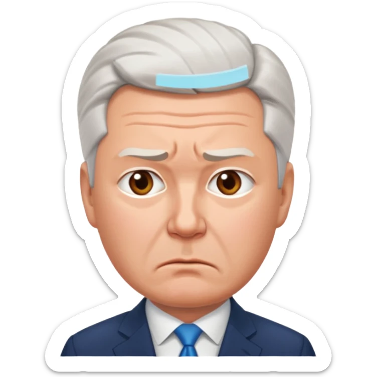 Sad emoji of Sergey Sobyanin, mayor of Moscow, looking upset and disappointed, cartoon style, expressive face, simple emoji design sticker