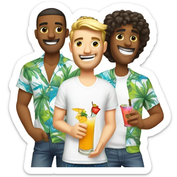 a guy in a white T-shirt, a Hawaiian shirt on top of the T-shirt, a guy holding a cocktail sticker