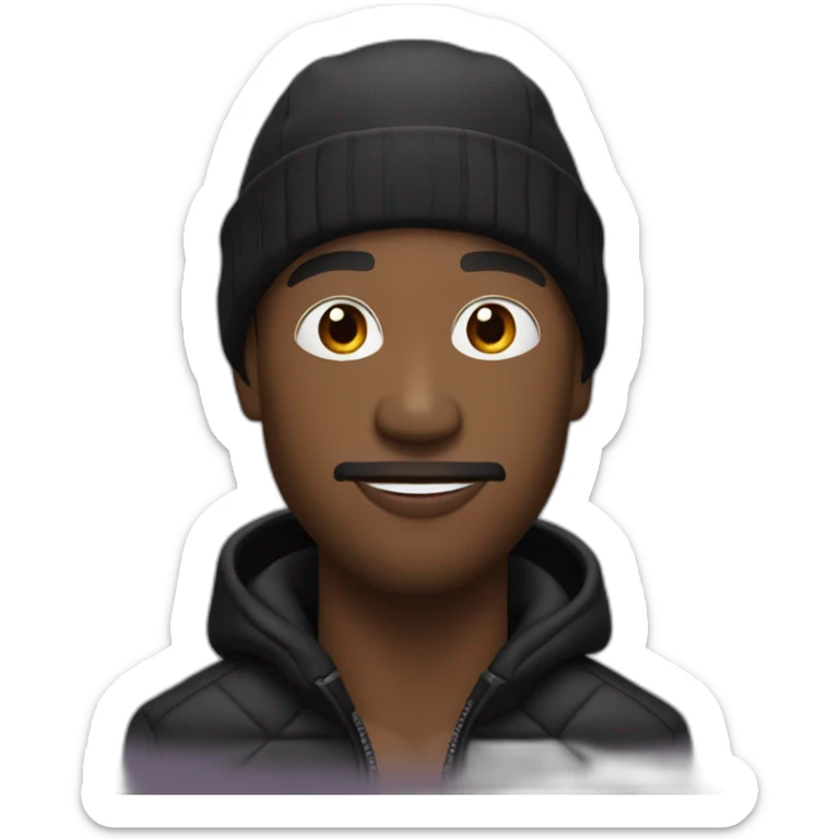 Black man with big nose and little black facial hair wearing a black durag and puffer jacket sticker