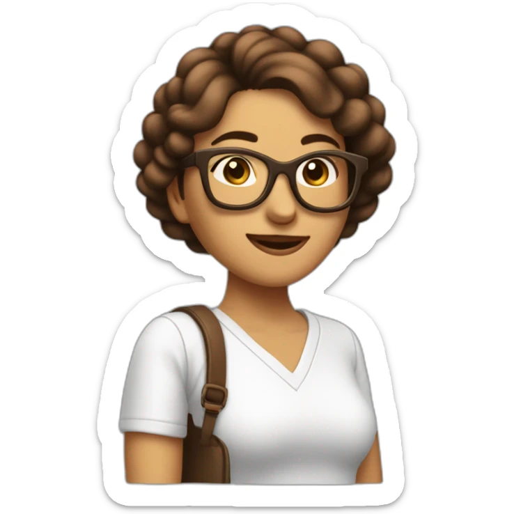mujer riendo con piel de color blanco con gafas cabello hasta el hombro y de color marron con un computador sticker