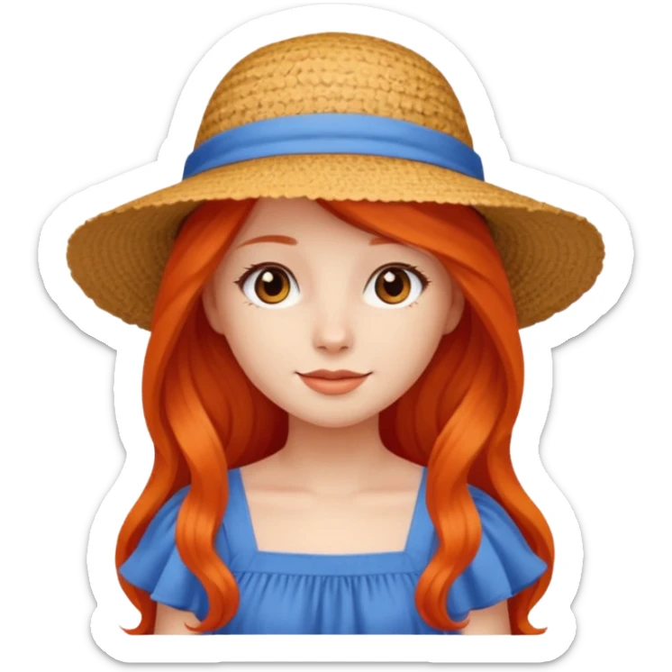 girl_wearing_summer_hat, red orrange long hair, blue dress sticker