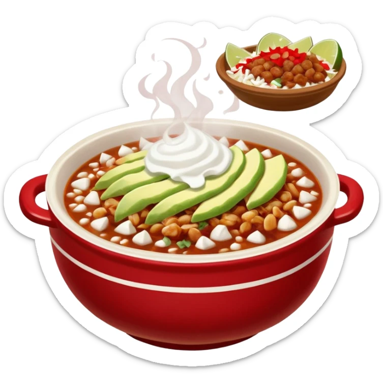 A delicious hot bowl of pozole rojo emoji. Steam rising. Hominy visible. Place the sides next to the bowl: chopped onions, shredded cabbage, lime wedges, red chile de arbol salsa, and full round tostadas with a light smear of sour cream sticker