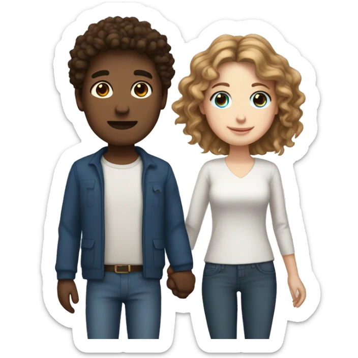 white male with brown curly hair and brown eyes holding hands with a white female with dark brown hair and blue eyes  sticker