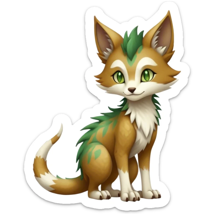 Kawaii cool edgy brown beige white fantasy ethereal feline-vernid-sergal-fursona animal creature with a tufted tail full body with intricate markings, hazel-gold-green eyes sticker