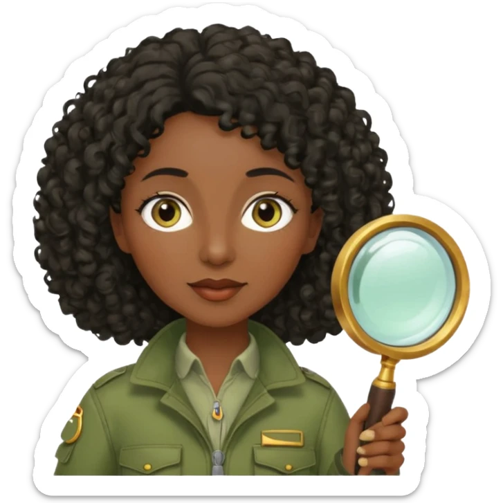 dark skin curly black haired middle-aged woman in moss green explorer outfit, holding magnifying glass sticker