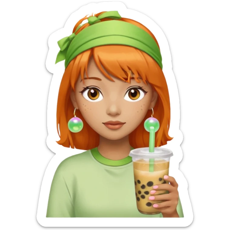 Create an emoji of a woman with orange hair, bangs, and a green headband, holding a cup of bubble tea. sticker