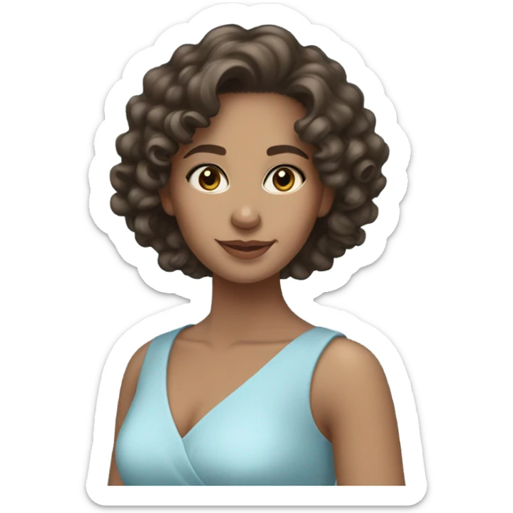 Pretty brunette long curly haired woman in a light blue pretty modest dress  sticker